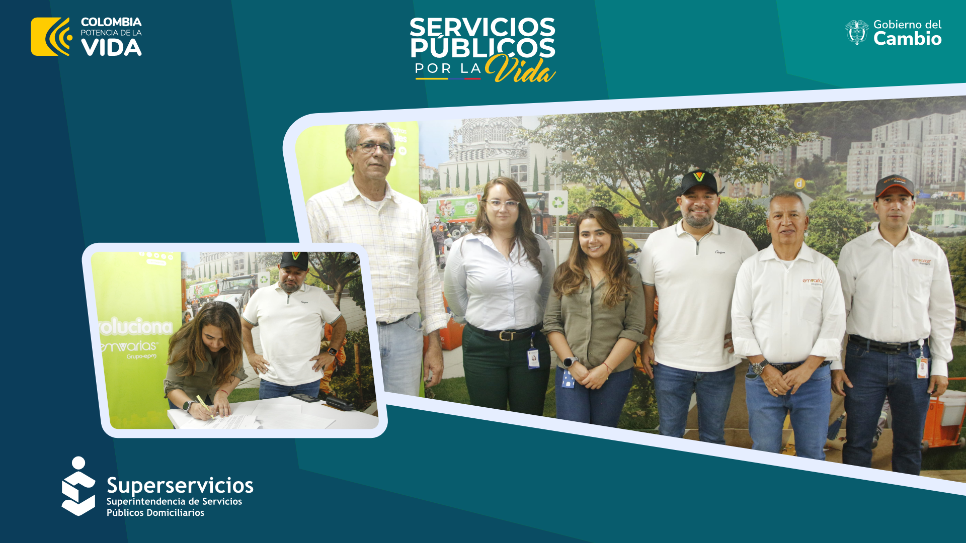 directora técnica de Gestión de Aseo de Superservicios, Diana Marcela Perdomo, y el gerente de Emvarias, Carlos Borja, en la firma de la prórroga del plan de vigilancia especial.